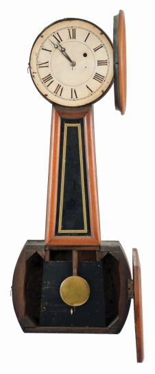 North Attleboro, Massachusetts "Banjo No. 5" Wall Clock with mahogany frames and tulip poplar carcass, roman numeral painted iron dial under a turned wooden bezel, half-round frames enclose black and gold glasses, eight day time only movement with recoil escapement, wooden pendulum rod, brass faced-bob and cast iron weight.