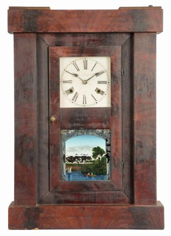 Chauncey Jerome, New Haven, Conn., Empire case shelf clock with a weight driven 30 hour time and strike movement in a mahogany veneered case.
