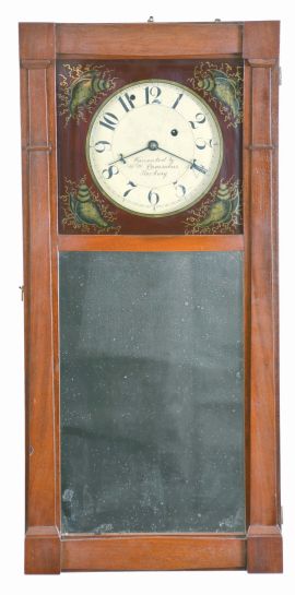 New Hampshire style mirror wall clock with 8 day, time only, weight driven, brass movement in a mahogany case with reverse painted tablet and mirror.