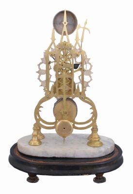 England, 3 spire Gothic frame, single chain fusee brass skeleton clock, with eight day, passing hour single bell strike, fretted roman numeral dial, all on a marble stand and wooden pedestal, lacking a dome.