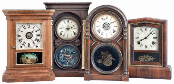 Clocks- 4 (Four): (1) Seth Thomas Clock Co., Thomaston, Conn., "St. Louis" shelf clock with a spring driven, 8 day time, strike and alarm movement in a walnut case, c1884; (2) Welch, Spring & Co., Forestville, Conn., "Peerless" shelf clock with a spring driven, 8 day, time and strike movement in a rosewood veneered case, c1872. (3) Atkins Clock Co., Bristol, Conn., "Round Top #2" shelf clock with a spring driven, 8 day time, strike and alarm movement in a rosewood veneered case, c1873. (4) E. Ingraham & Co., Bristol, Conn., "Arch Column No. 1" shelf clock with a spring driven, 8 day, time and strike movement in a rosewood veneered case, c1865.