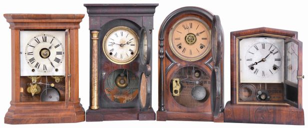 Clocks- 4 (Four): (1) Seth Thomas Clock Co., Thomaston, Conn., "St. Louis" shelf clock with a spring driven, 8 day time, strike and alarm movement in a walnut case, c1884; (2) Welch, Spring & Co., Forestville, Conn., "Peerless" shelf clock with a spring driven, 8 day, time and strike movement in a rosewood veneered case, c1872. (3) Atkins Clock Co., Bristol, Conn., "Round Top #2" shelf clock with a spring driven, 8 day time, strike and alarm movement in a rosewood veneered case, c1873. (4) E. Ingraham & Co., Bristol, Conn., "Arch Column No. 1" shelf clock with a spring driven, 8 day, time and strike movement in a rosewood veneered case, c1865.