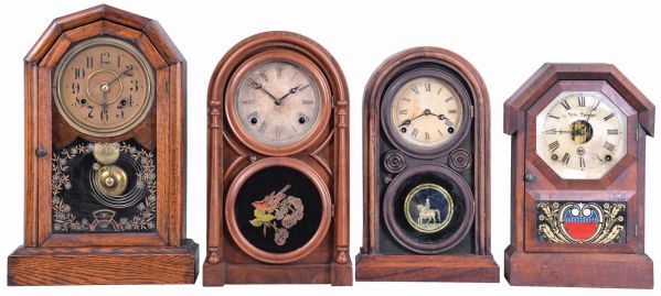 Clocks- 4 (Four): (1) Seth Thomas Clock Co., Plymouth Hollow, Conn., "Octagon Top" shelf clock with a spring driven, 8 day, time and strike lyre movement in a rosewood veneered case, c1865; (2) E. Ingraham & Co., Bristol, Conn., "Venetian" shelf clock with a spring driven, 8 day time & strike movement in a rosewood veneered case, c1875. (3) Atkins Clock Co., Bristol, Conn., "Round Top" shelf clock with a spring driven, 8 day, time and strike movement in a mahogany veneered case, c1875. (4) New Haven Clock Co., New Haven, Conn., "No. 254" shelf clock with a spring driven, 8 day, time and strike movement in an oak case, c1890.