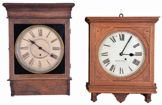 Clocks- 4 (Four): (1) Sessions Clock Co., Forestville, Conn., "Sentinel", 8 day, spring brass movement wall timepiece, c1910; (2) Seth Thomas Clock Co., Thomaston, Conn., "Office No. 5", 8 day, spring brass movement wall timepiece, c1904. (3) E. N. Welch Mfg. Co., Forestville, Conn., 8 (30?) day, spring brass movement unidentified model wall timepiece, c1892. (4) Ansonia Clock Co., New York, "Fulton", 30 day, spring brass movement wall timepiece, c1914 Measurement is for the largest clock.
