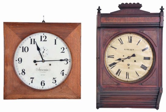 Clocks- 4 (Four): (1) Sessions Clock Co., Forestville, Conn., "Sentinel", 8 day, spring brass movement wall timepiece, c1910; (2) Seth Thomas Clock Co., Thomaston, Conn., "Office No. 5", 8 day, spring brass movement wall timepiece, c1904. (3) E. N. Welch Mfg. Co., Forestville, Conn., 8 (30?) day, spring brass movement unidentified model wall timepiece, c1892. (4) Ansonia Clock Co., New York, "Fulton", 30 day, spring brass movement wall timepiece, c1914 Measurement is for the largest clock.