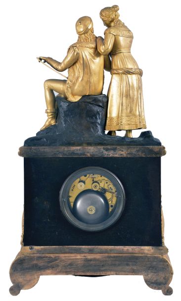 France, a gilt and patinated bronze figural mantel clock, the case in red patina, and with gilt, foliate ornament, the top with green patinated rustic landscape and gilt figures, the male figure seated on a stump, and with sketch pad or canvas, the female standing at his shoulder and admiring the work, Roman numeral white dial signed "Planchon a Paris", blued steel hands, 8 day pendule de Paris movement with silk thread suspension, signed "Pons"