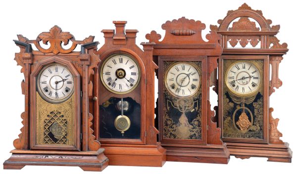 Clocks- 4 (Four): (1) E. N. Welch Mfg. Co., Forestville, Conn., "Alboni", 8 day, time and strike, spring brass movement walnut mantel clock, c1891; (2) E. N. Welch Mfg. Co., Forestville, Conn., "Donita", 8 day, time and strike, spring brass movement walnut mantel clock, c1892. (3) E. Ingraham & Co., Bristol, Conn., "Paladin", 8 day, time and strike, spring brass movement mantel clock, c1884 (4) Seth Thomas Clock Co., Thomaston, Conn., "Fortress", city series, 8 day, time, strike and alarm spring brass movement walnut mantel clock, c1880.