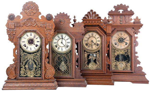 Clocks- 4 (Four): (1) E. Ingraham & Co., Bristol, Conn., "Tulip", 8 day, time and strike, spring brass movement walnut mantel clock, c1895; (2) E. Ingraham & Co., Bristol, Conn., "Diadem", 8 day, time and strike, spring brass movement walnut mantel clock, c1881 (3) E. Ingraham & Co., Bristol, Conn., "Pansy", 8 day, time, strike spring and alarm brass movement walnut mantel clock, c1881. (4) E. Ingraham & Co., Bristol, Conn., "Westminster", 8 day, time and strike, spring brass movement oak mantel clock, c1915