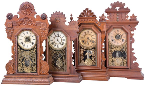 Clocks- 4 (Four): (1) E. Ingraham & Co., Bristol, Conn., "Tulip", 8 day, time and strike, spring brass movement walnut mantel clock, c1895; (2) E. Ingraham & Co., Bristol, Conn., "Diadem", 8 day, time and strike, spring brass movement walnut mantel clock, c1881 (3) E. Ingraham & Co., Bristol, Conn., "Pansy", 8 day, time, strike spring and alarm brass movement walnut mantel clock, c1881. (4) E. Ingraham & Co., Bristol, Conn., "Westminster", 8 day, time and strike, spring brass movement oak mantel clock, c1915