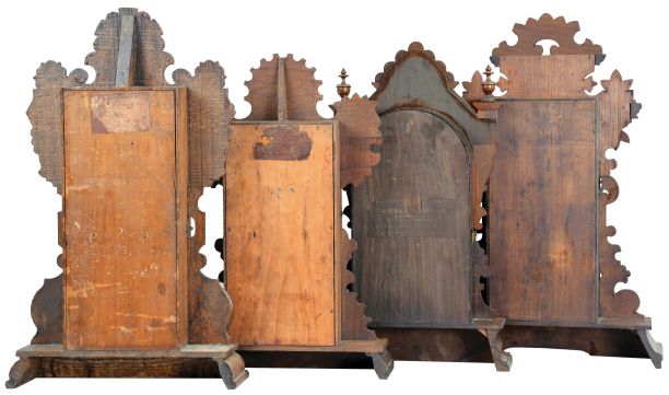 Clocks- 4 (Four): (1) E. Ingraham & Co., Bristol, Conn., "Tulip", 8 day, time and strike, spring brass movement walnut mantel clock, c1895; (2) E. Ingraham & Co., Bristol, Conn., "Diadem", 8 day, time and strike, spring brass movement walnut mantel clock, c1881 (3) E. Ingraham & Co., Bristol, Conn., "Pansy", 8 day, time, strike spring and alarm brass movement walnut mantel clock, c1881. (4) E. Ingraham & Co., Bristol, Conn., "Westminster", 8 day, time and strike, spring brass movement oak mantel clock, c1915