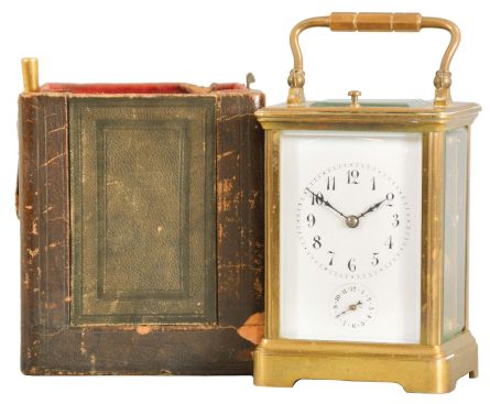 France, striking carriage clock with hour repeat, Corniche case with beveled glass panels, Arabic numeral white enamel dial, blued steel distaff hands, 8 day time, strike and alarm movement with lever platform and cut bimetallic balance, repeating the last hour on demand, with partial travel case