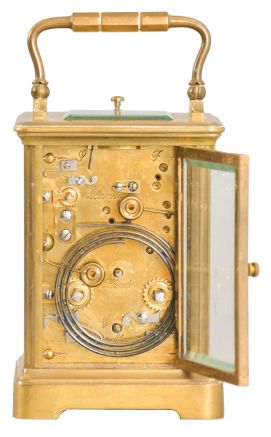 France, striking carriage clock with hour repeat, Corniche case with beveled glass panels, Arabic numeral white enamel dial, blued steel distaff hands, 8 day time, strike and alarm movement with lever platform and cut bimetallic balance, repeating the last hour on demand, with partial travel case
