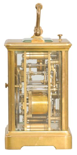 France, striking carriage clock with hour repeat, Corniche case with beveled glass panels, Arabic numeral white enamel dial, blued steel distaff hands, 8 day time, strike and alarm movement with lever platform and cut bimetallic balance, repeating the last hour on demand, with partial travel case