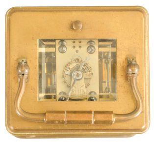 France, striking carriage clock with hour repeat, Corniche case with beveled glass panels, Arabic numeral white enamel dial, blued steel distaff hands, 8 day time, strike and alarm movement with lever platform and cut bimetallic balance, repeating the last hour on demand, with partial travel case