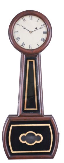 George Hatch, North Attleborough, Massachusetts, wall regulator with grain-painted poplar case, turned wooden bezel over the unmarked zinc roman numeral dial, moon hands, half round moldings with black and gold decorative glasses, eight day brass weight-powered movement with iron weight, wooden pendulum rod and detachable brass bob (missing), wooden weight baffle with Hatch-type pendulum brass centering acorn.