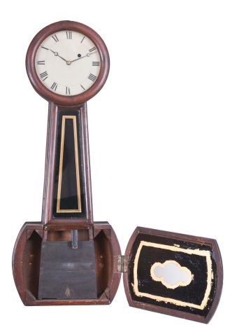 George Hatch, North Attleborough, Massachusetts, wall regulator with grain-painted poplar case, turned wooden bezel over the unmarked zinc roman numeral dial, moon hands, half round moldings with black and gold decorative glasses, eight day brass weight-powered movement with iron weight, wooden pendulum rod and detachable brass bob (missing), wooden weight baffle with Hatch-type pendulum brass centering acorn.