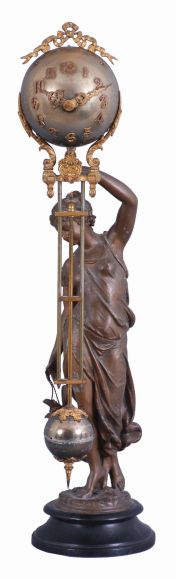Ansonia Clock Co., New York, "Huntress" figural swinger, 8 day, time only, spring driven movement mounted inside a brass sphere with cast ribbon ornament and applied Arabic numerals, Louis XV style hands, the lower section in gridiron style with smaller sphere at the bottom, all supported by patinated spelter figure of a young woman carrying game birds standing atop an ebonized cast iron base, c1900.