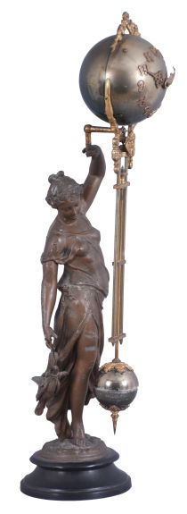 Ansonia Clock Co., New York, "Huntress" figural swinger, 8 day, time only, spring driven movement mounted inside a brass sphere with cast ribbon ornament and applied Arabic numerals, Louis XV style hands, the lower section in gridiron style with smaller sphere at the bottom, all supported by patinated spelter figure of a young woman carrying game birds standing atop an ebonized cast iron base, c1900.