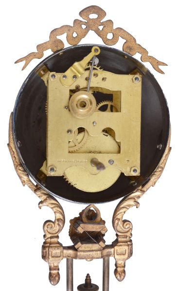 Ansonia Clock Co., New York, "Huntress" figural swinger, 8 day, time only, spring driven movement mounted inside a brass sphere with cast ribbon ornament and applied Arabic numerals, Louis XV style hands, the lower section in gridiron style with smaller sphere at the bottom, all supported by patinated spelter figure of a young woman carrying game birds standing atop an ebonized cast iron base, c1900.
