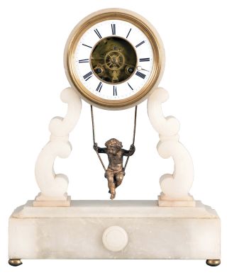 France, after Farcot, swinging doll clock, 8 days, time and strike, spring driven, visible movement, chaff-cutter escapement with two escape wheels in an alabaster case with white enamel chapter ring with Roman numerals.