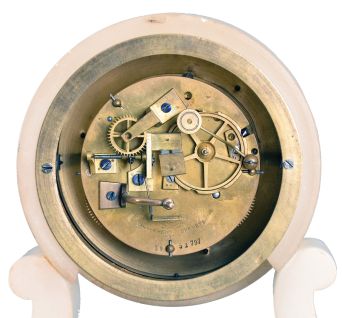 France, after Farcot, swinging doll clock, 8 days, time and strike, spring driven, visible movement, chaff-cutter escapement with two escape wheels in an alabaster case with white enamel chapter ring with Roman numerals.