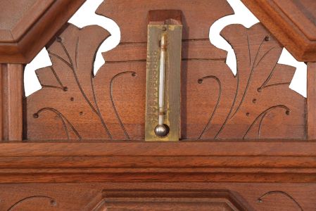 E. Ingraham & Co., Bristol, Conn., "? Drop", 8 day, time, strike and alarm spring brass movement wall clock. This premium model clock looks to be a variation on the "Amulet" mantel clock. There is a partial label that states this clock is manufactured exclusively for a company, but the name is difficult to read.