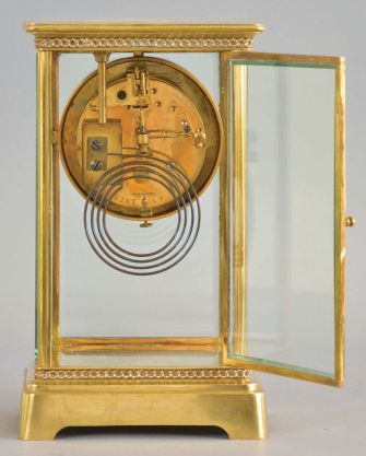 France, Japy Freres, 8 day, time and strike, spring brass movement crystal regulator mantel with brilliant surround dial.