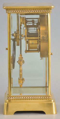 France, Japy Freres, 8 day, time and strike, spring brass movement crystal regulator mantel with brilliant surround dial.