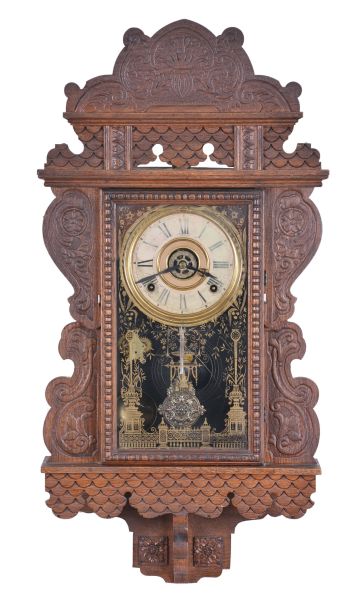 E. N. Welch Mfg. Co., Forestville Conn., "Eclipse", 8 day, time and strike, spring brass movement wall clock. This clock was made for the "American Wringer Co." to be sold as a premium for buying their products.