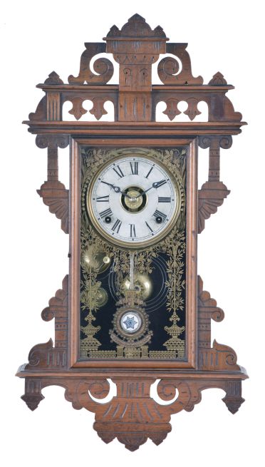 E. N. Welch Mfg. Co., Forestville, Conn., "Eclipse", 8 day, time, strike and alarm spring brass movement wall clock.