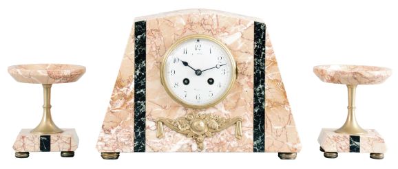 France, 3 piece mantel garniture set, 8 day, time and strike, spring driven movement, Art Deco case of polychrome pink marble with dark marble accents, applied metal ornaments, white enamel dial, and pair of matching tazze. Brass Pendule de Paris movement is signed "FC".