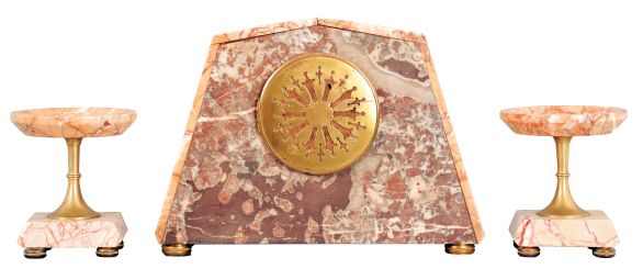 France, 3 piece mantel garniture set, 8 day, time and strike, spring driven movement, Art Deco case of polychrome pink marble with dark marble accents, applied metal ornaments, white enamel dial, and pair of matching tazze. Brass Pendule de Paris movement is signed "FC".