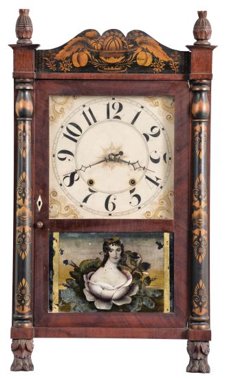 Riley Whiting, Winchester, Conn., 30 hour, time and strike, weight wood movement half column & splat shelf clock.