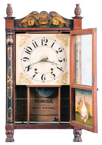 Riley Whiting, Winchester, Conn., 30 hour, time and strike, weight wood movement half column & splat shelf clock.