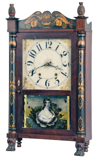 Riley Whiting, Winchester, Conn., 30 hour, time and strike, weight wood movement half column & splat shelf clock.