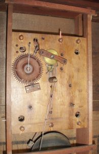 Riley Whiting, Winchester, Conn., 30 hour, time and strike, weight wood movement half column & splat shelf clock.