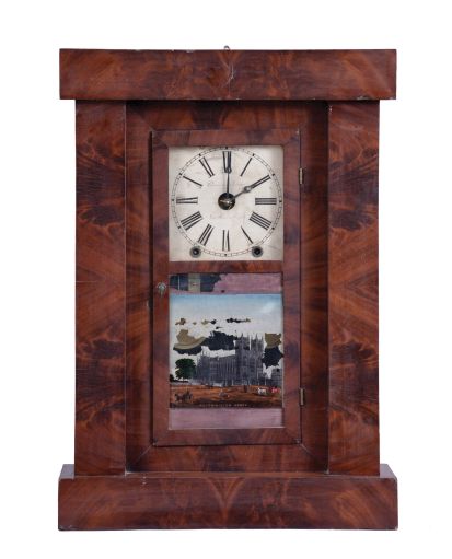 Chauncey Jerome, New Haven, Conn., 8 day, time and strike, spring brass fusee movement flat front empire shelf clock.