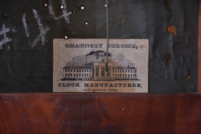 Chauncey Jerome, New Haven, Conn., 8 day, time and strike, spring brass fusee movement flat front empire shelf clock.
