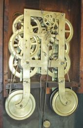 Chauncey Jerome, New Haven, Conn., 8 day, time and strike, spring brass fusee movement flat front empire shelf clock.