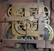 Ithaca Clock Co., Ithaca, New York, "3 1/2 Parlor" Calendar Clock with black and silvered roman numeral dial, tri-foil hands, lower clear glass reveals the glass calendar dial marked "H. B. Horton