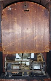 Ithaca Clock Co., Ithaca, New York, "3 1/2 Parlor" Calendar Clock with black and silvered roman numeral dial, tri-foil hands, lower clear glass reveals the glass calendar dial marked "H. B. Horton