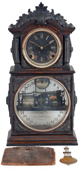 Ithaca Clock Co., Ithaca, New York, "3 1/2 Parlor" Calendar Clock with black and silvered roman numeral dial, tri-foil hands, lower clear glass reveals the glass calendar dial marked "H. B. Horton