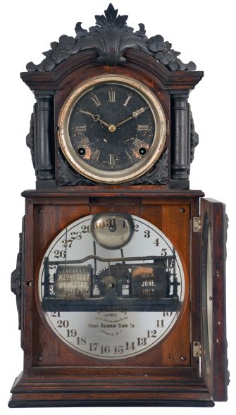 Ithaca Clock Co., Ithaca, New York, "3 1/2 Parlor" Calendar Clock with black and silvered roman numeral dial, tri-foil hands, lower clear glass reveals the glass calendar dial marked "H. B. Horton
