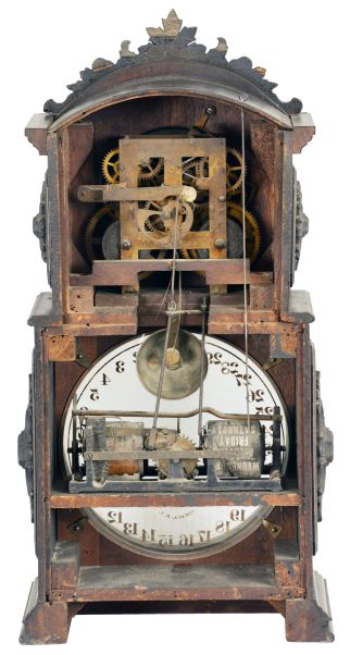 Ithaca Clock Co., Ithaca, New York, "3 1/2 Parlor" Calendar Clock with black and silvered roman numeral dial, tri-foil hands, lower clear glass reveals the glass calendar dial marked "H. B. Horton