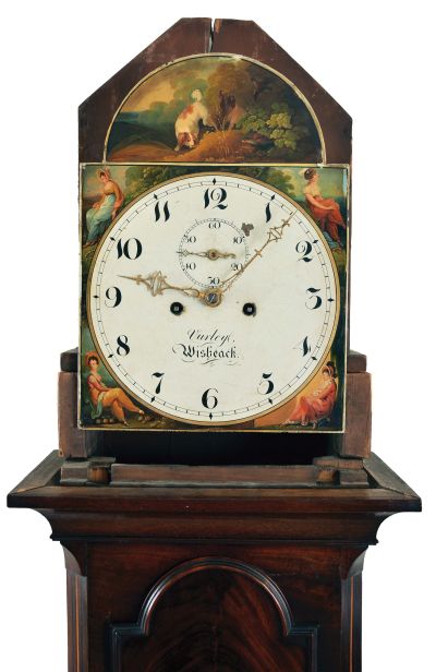 [Thomas] Vurleyl, Wisbeack, England, tall case clock, 8 day, time and bell strike, weight driven movement, c. 1840, in a c. 1780 string inlaid mahogany case with pagoda top, brass finials, crotch mahogany trunk door, fluted columns flanking hood.