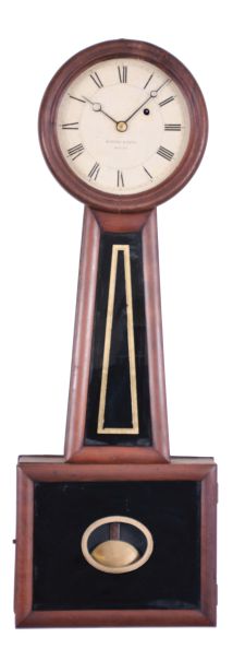 Howard & Davis, Boston, Massachusetts Wall Regulator (No. 5 size), the cherry case with turned wooden bezel over the roman numeral zinc and printed paper dial signed "Howard & Davis/Boston", half round frames holding the black and gold glasses, the lower rectangular box glass with oval pendulum aperture, eight day time- only brass, weight powered movement with recoil escapement, regulated by a wooden pendulum rod and brass faced bob with blued-steel moon hands.