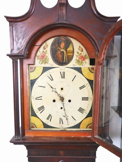 Tall Clocks- 2 (Two): (1) Scottish 8 day, time and strike, weight driven movement with painted metal dial and painted thistle pendulum, circa 1820; (2) Ithaca Calendar Clock Co., 8 day, time and strike, spring driven movement