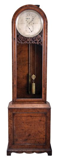 Robert Jack, Glasgow, Scotland, astronomical standing regulator, 8 day, time only, weight driven movement in a burl walnut veneered case with carved floral fretwork below silvered dial with maker