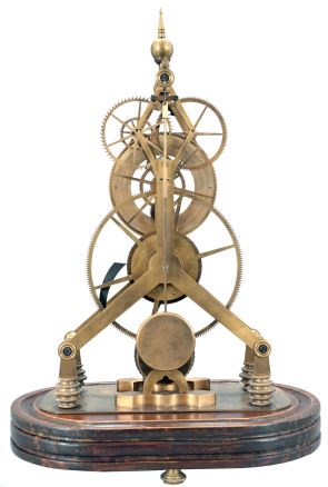Chinese, reproduction skeleton clock, brass framed chain fusee movement with large wheels, recoil escapement, Roman numeral white enamel dial, pierced steel hands, on a wooden base with brass feet, and under a glass dome