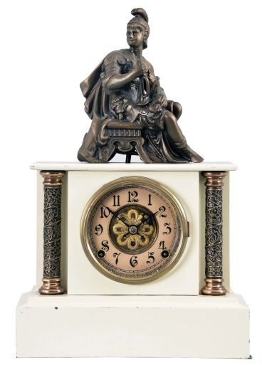 F. Kroeber Clock Co., New York, "Ivory No. 2", 8 day, time and strike, spring brass movement enameled iron mantel clock.